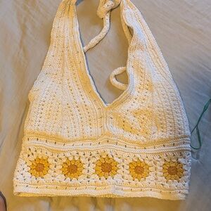 Hollister Cream and Yellow Crochet Halter Top